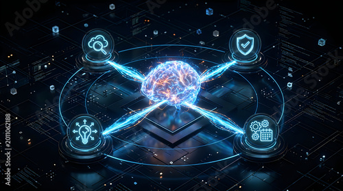 Digital brain network connected to secure data management icons interface
