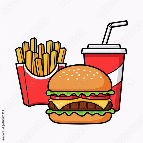 Fast Food Combo Meal with Burger French Fries and Soda Drink Illustration