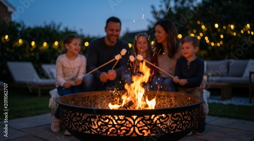 Happy family roasting marshmallows around a backyard fire pit at night.