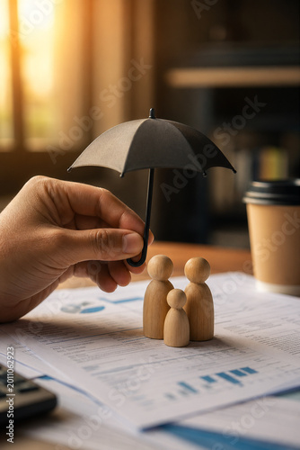 Hand holds black umbrella over wooden family figures on life insurance policy documents, symbolizing family protection, financial security, coverage and long-term planning for loved ones and dependent