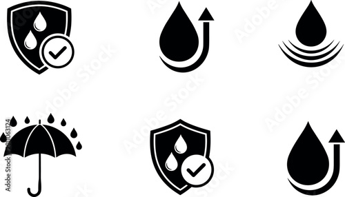 Foto Waterproof and Moisture Protection Icon Set with Shield Umbrella and Water Drop