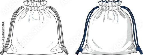 White Drawstring Bag Set with Gray and Navy Blue Rope for Fashion Accessories and Packaging Graphic Design Projects
