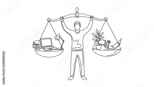 continuous line art Man balancing work and nature.
