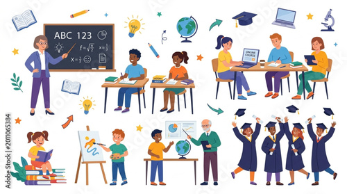 Diverse students and teachers engaged in various educational activities and learning environments.