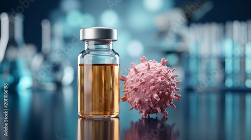 Innovative immunotherapy and CAR T cell treatment visualized with a personalized medicine injection on a cancer cell model.
