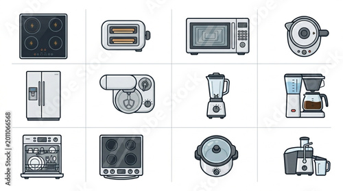 Collection of Kitchen Appliances and Gadgets Vector Icons.