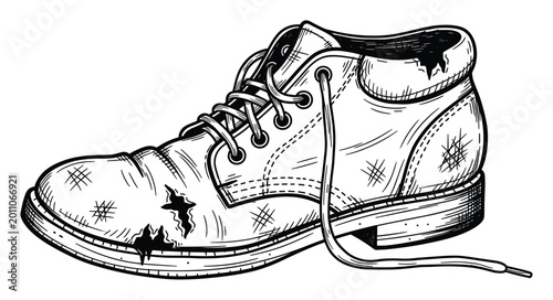 Grungy old lace up boot with damaged texture representing hardship journey and perseverance for storytelling projects