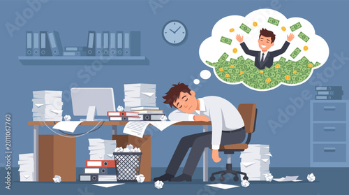 A completely exhausted office worker falls asleep at his messy cluttered desk while dreaming vividly about swimming in piles of money
dream