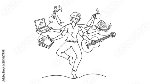 continuous line art Multitasking woman with various objects.