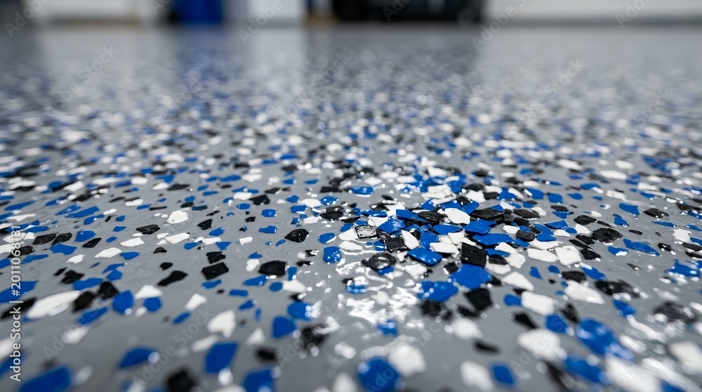 Fototapeta premium Gray epoxy coating mixed with blue, black, and white plastic chips.