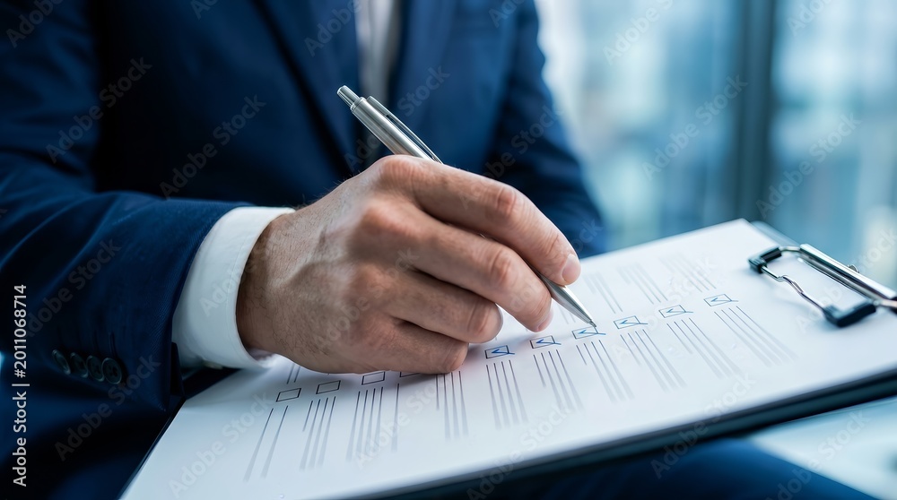 Fototapeta premium An entrepreneur carefully reviewing a checklist of company regulations, practices, policies, and procedures.