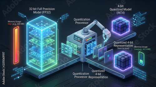 Neural network model quantization process showing memory usage reduction