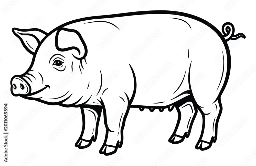 Obraz premium Hand drawn black outline of a standing pig, useful for farm animal and agricultural concepts