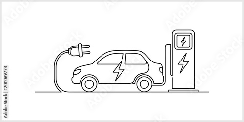 Electric Car Charging Station Continuous Line Art Icon. EV Charging Technology Concept