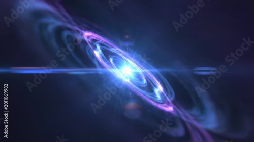 Vibrant blue light beam with lens flares on dark background