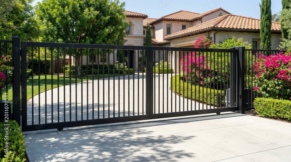 Fototapeta premium Black metal automatic sliding gates installed at a luxury residential driveway.