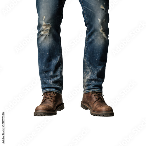 extreme worm's eye view of suspended, grime-covered blue denim jeans and scuffed brown work boots, isolated commercial utility study atmosphere