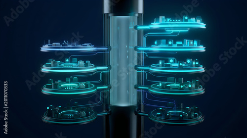 Futuristic server infrastructure with glowing blue data conduit columns