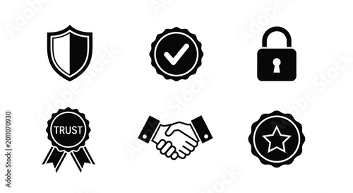 Security and trust icons set black silhouette style