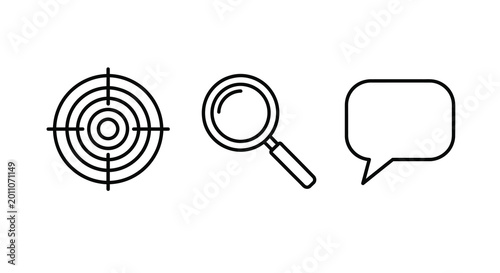 Target magnifying glass and speech bubble line icons set