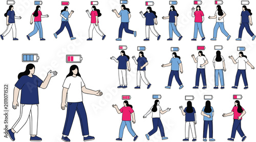 Schilderij op canvas Set of people walking with low battery icons above heads illustrating fatigue, b
