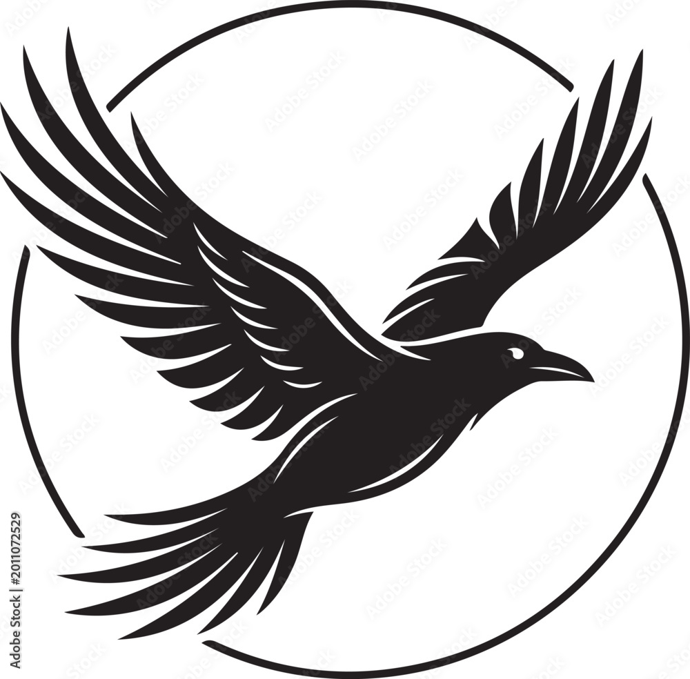 Fototapeta premium Flying Raven Logo Vector Illustration, Minimalist Black Crow Bird Symbol in Circular Frame, Gothic Crow Silhouette Icon Isolated