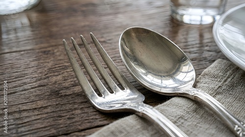 Close-up of Silver Fork and Spoon on Rustic Wooden Table with Linen Napkin