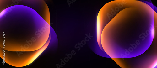 Abstract shapes overlap, creating vibrant orange, purple gradients. Dark background emphasizes glowing forms, smooth transitions visible.