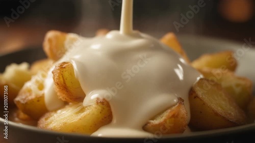 Gravy Is Poured over Golden Potato Wedges for a Delicious Culinary Experience