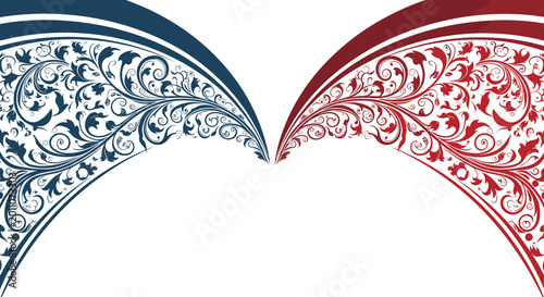 Symmetrical decorative border design featuring intricate blue and red floral scroll patterns with vintage swirls on a white background.