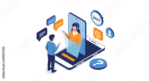 Isometric illustration of a customer support professional appearing on a smartphone screen to assist a man with queries and speech bubbles.
