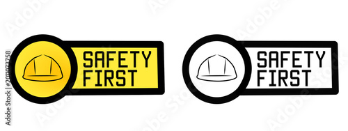 Safety first logo yellow and black features hard hat icon. 
