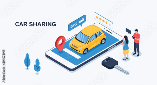 Modern isometric concept of car sharing and rental apps showing a yellow car on a smartphone screen with ratings and a key.