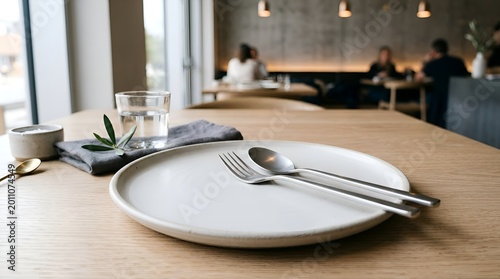 Modern restaurant table setting with plate, cutlery, and water glass, blurred background