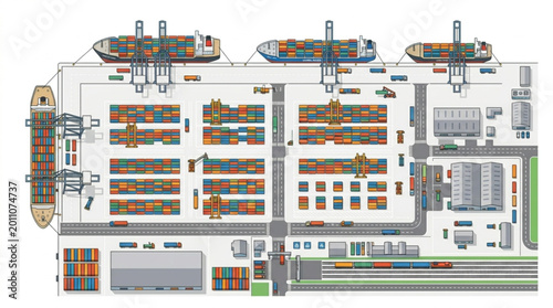 Aerial view of a busy container shipping port with cranes and cargo ships.