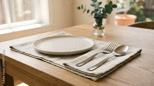 Simple Table Setting: Plate, Cutlery, Napkin on Wooden Table with Greenery