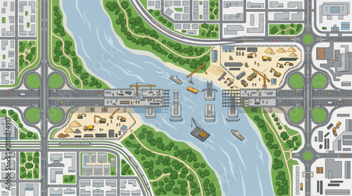 Aerial view of a city with a river and bridge.