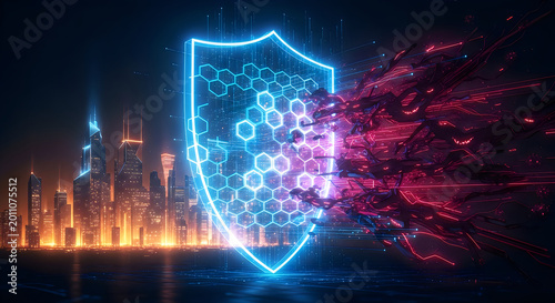 Cybersecurity shield protecting digital city infrastructure concept art