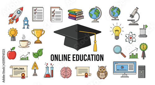 Online education and learning icons set including books, globe, graduation cap, and digital study tools for school concepts.
