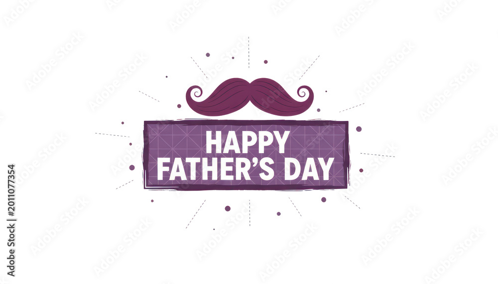 Fototapeta premium Happy Father's Day greeting card illustration, purple mustache icon with decorative sunburst, masculine holiday celebration banner isolated PNG with Transparent Background