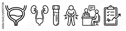Set of black line icons for urology and nephrology, illustrating medical concepts like bladder anatomy, urine test, abdominal pain, doctor consultation, and health results chart