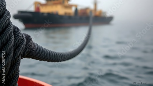 towline. A taut black towline connects a tugboat to a distant ship in morning mist. mobility guides, transit brochures, designed for mobility and urban transit guides, used by bi analysts.