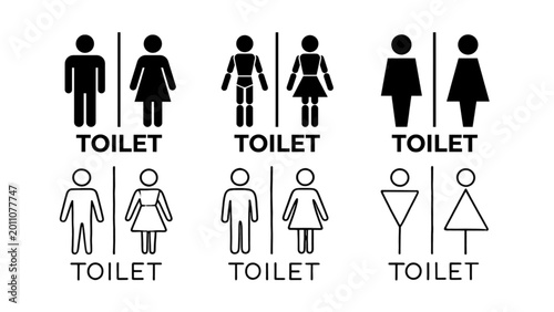 Set of monochrome toilet icons with various gender and accessibility symbols.