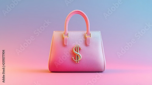 Elegant pink handbag with dollar sign emblem on a gradient background showcasing luxury and wealth in fashion design