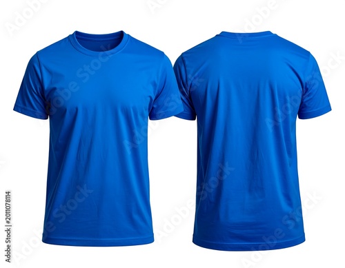 Front and back view of a plain blue t shirt isolated on white background