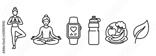 Healthy lifestyle line icon set with yoga, meditation, a fitness tracker, water bottle, and healthy food for wellness concepts, presented in a minimalist black and white outline style