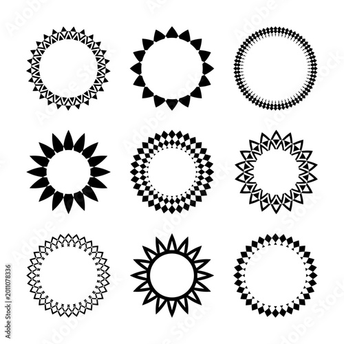 Set of Circle Design Elements. Abstract Flower and Star Icons and Decorative Round Frames. 