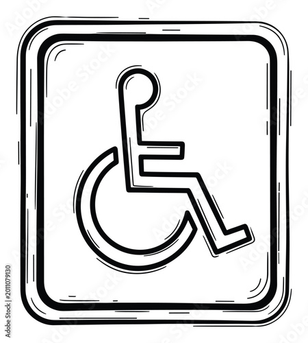 Hand drawn wheelchair accessibility symbol indicating disabled access for public spaces and facilities