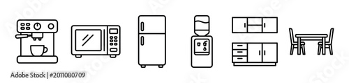 Collection of simple kitchen appliance icons in a minimalist line art style, featuring a coffee maker, microwave, fridge, water dispenser, cabinets, and a dining set