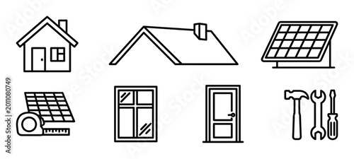 Set of black line icons representing home construction, including a house, roof, solar panel, window, door, and tools for renovation and sustainable energy projects